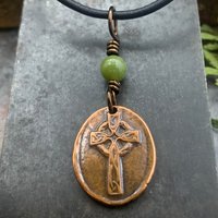 Copper Celtic Cross, Wax Seal Charm, Connemara Marble, Irish Celtic, Copper Cross Necklace, Leather & Vegan Cords, Handmade Art Jewelry