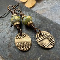 Fern Bronze Earrings, Light Dangle Earrings, Earthy Czech Glass Beads, Hypoallergenic Ear Wires, Botanical Green Witch, Soul Harbor Jewelry