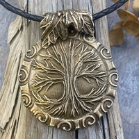 Celtic Tree of Life, Bronze Pendant, Irish Celtic Spirals, Round Tree of Life, Crann Bethadh, Hand Carved, Green Witch, Leather & Vegan Cord