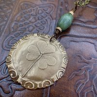 Shamrock Pendant, Connemara Marble Necklace, Irish Celtic Spirals, Bronze 8th Anniversary, Irish Clover, Leather Vegan Cords, Antiqued Chain