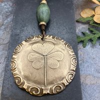 Shamrock Pendant, Connemara Marble Necklace, Irish Celtic Spirals, Bronze 8th Anniversary, Irish Clover, Leather Vegan Cords, Antiqued Chain