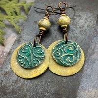 Bronze Layered Disc Earrings, Aqua Green Patina, Czech Glass Beads, Hypoallergenic Ear Wires, Celtic Spirals, Earthy Tribal, Boho Chic Style