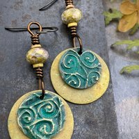 Bronze Layered Disc Earrings, Aqua Green Patina, Czech Glass Beads, Hypoallergenic Ear Wires, Celtic Spirals, Earthy Tribal, Boho Chic Style