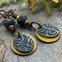 Bronze Layered Disc Earrings, Deep Blue Patina, Czech Glass Beads, Hypoallergenic Ear Wires, Celtic Spirals, Earthy Tribal, Boho Chic Style