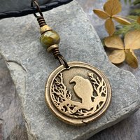 Raven Bronze Pendant, Czech Glass Bead, Tree Branches, Leather & Vegan Cords, Raven Silhouette, Celtic Goddess Witch, Pagan Earthy Jewelry