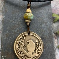 Raven Bronze Pendant, Czech Glass Bead, Tree Branches, Leather & Vegan Cords, Raven Silhouette, Celtic Goddess Witch, Pagan Earthy Jewelry