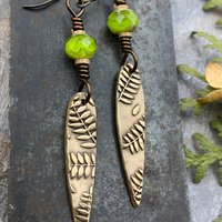 Fern Bronze Earrings, Teardrop Shield, Botanical Earthy, Green Witch, Hypoallergenic Ear Wires, Green Czech Glass, Handmade Art Jewelry