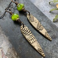 Fern Bronze Earrings, Teardrop Shield, Botanical Earthy, Green Witch, Hypoallergenic Ear Wires, Green Czech Glass, Handmade Art Jewelry