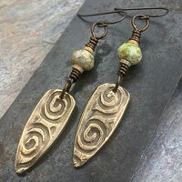 Bronze Shield Earrings, Celtic Spiral Texture, Czech Glass Beads, Hypoallergenic Ear Wires, Light Dangle Earrings, Teardrop Shield, Handmade