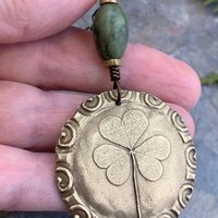 Shamrock Pendant, Connemara Marble Necklace, Irish Celtic Spirals, Bronze 8th Anniversary, Irish Clover, Leather Vegan Cords, Antiqued Chain