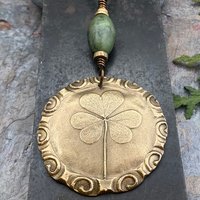 Shamrock Pendant, Connemara Marble Necklace, Irish Celtic Spirals, Bronze 8th Anniversary, Irish Clover, Leather Vegan Cords, Antiqued Chain