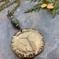 Shamrock Pendant, Connemara Marble Necklace, Irish Celtic Spirals, Bronze 8th Anniversary, Irish Clover, Leather Vegan Cords, Antiqued Chain