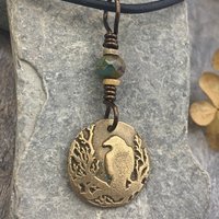 Raven Bronze Pendant, Czech Glass Bead, Tree Branches, Leather & Vegan Cords, Raven Silhouette, Celtic Goddess Witch, Pagan Earthy Jewelry