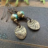 Fern Bronze Earrings, Light Dangle Earrings, Earthy Czech Glass Beads, Hypoallergenic Ear Wires, Botanical Green Witch, Soul Harbor Jewelry