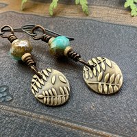 Fern Bronze Earrings, Light Dangle Earrings, Earthy Czech Glass Beads, Hypoallergenic Ear Wires, Botanical Green Witch, Soul Harbor Jewelry