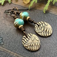 Fern Bronze Earrings, Light Dangle Earrings, Earthy Czech Glass Beads, Hypoallergenic Ear Wires, Botanical Green Witch, Soul Harbor Jewelry