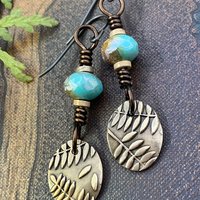 Fern Bronze Earrings, Light Dangle Earrings, Earthy Czech Glass Beads, Hypoallergenic Ear Wires, Botanical Green Witch, Soul Harbor Jewelry