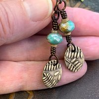 Fern Bronze Earrings, Light Dangle Earrings, Earthy Czech Glass Beads, Hypoallergenic Ear Wires, Botanical Green Witch, Soul Harbor Jewelry
