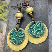 Bronze Layered Disc Earrings, Aqua Green Patina, Czech Glass Beads, Hypoallergenic Ear Wires, Celtic Spirals, Earthy Tribal, Boho Chic Style