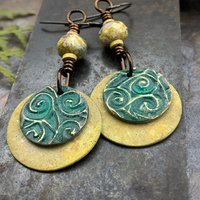Bronze Layered Disc Earrings, Aqua Green Patina, Czech Glass Beads, Hypoallergenic Ear Wires, Celtic Spirals, Earthy Tribal, Boho Chic Style