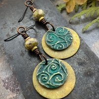 Bronze Layered Disc Earrings, Aqua Green Patina, Czech Glass Beads, Hypoallergenic Ear Wires, Celtic Spirals, Earthy Tribal, Boho Chic Style