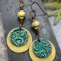 Bronze Layered Disc Earrings, Aqua Green Patina, Czech Glass Beads, Hypoallergenic Ear Wires, Celtic Spirals, Earthy Tribal, Boho Chic Style