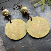 Bronze Layered Disc Earrings, Aqua Green Patina, Czech Glass Beads, Hypoallergenic Ear Wires, Celtic Spirals, Earthy Tribal, Boho Chic Style