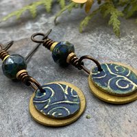 Bronze Layered Disc Earrings, Deep Blue Patina, Czech Glass Beads, Hypoallergenic Ear Wires, Celtic Spirals, Earthy Tribal, Boho Chic Style