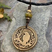 Raven Bronze Pendant, Czech Glass Bead, Tree Branches, Leather & Vegan Cords, Raven Silhouette, Celtic Goddess Witch, Pagan Earthy Jewelry