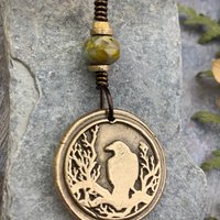 Raven Bronze Pendant, Czech Glass Bead, Tree Branches, Leather & Vegan Cords, Raven Silhouette, Celtic Goddess Witch, Pagan Earthy Jewelry