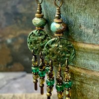 Bronze Disc Earrings, Chandelier Dangles, Czech Glass Beads, Boho Chic Jewelry, Hypoallergenic Ear Wires, Earthy Colorful