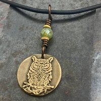 Bronze Owl Charm, Irish Celtic, Owl Witch Necklace, Celtic Hag Crone, Leather & Vegan Cords, Handmade Art Jewelry, Soul Harbor Jewelry