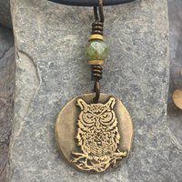 Bronze Owl Charm, Irish Celtic, Owl Witch Necklace, Celtic Hag Crone, Leather & Vegan Cords, Handmade Art Jewelry, Soul Harbor Jewelry