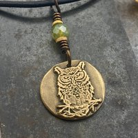 Bronze Owl Charm, Irish Celtic, Owl Witch Necklace, Celtic Hag Crone, Leather & Vegan Cords, Handmade Art Jewelry, Soul Harbor Jewelry