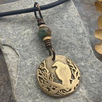 Raven Bronze Pendant, Czech Glass Bead, Tree Branches, Leather & Vegan Cords, Raven Silhouette, Celtic Goddess Witch, Pagan Earthy Jewelry