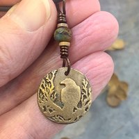 Raven Bronze Pendant, Czech Glass Bead, Tree Branches, Leather & Vegan Cords, Raven Silhouette, Celtic Goddess Witch, Pagan Earthy Jewelry