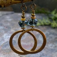Bronze Hoop Earrings, Midnight Blue Czech Glass, Hypoallergenic Ear Wires, Earthy Boho Jewelry, Light Dangly Hoops, Every Day Earrings