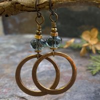Bronze Hoop Earrings, Midnight Blue Czech Glass, Hypoallergenic Ear Wires, Earthy Boho Jewelry, Light Dangly Hoops, Every Day Earrings