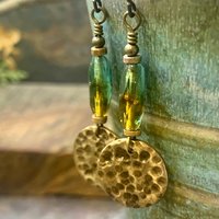 Bronze Disc Earrings, Czech Glass Beads, Hypoallergenic Ear Wires, Earthy Tribal, Boho Chic Style, Dangle Discs, Handmade Metal Jewelry