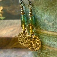 Bronze Disc Earrings, Czech Glass Beads, Hypoallergenic Ear Wires, Earthy Tribal, Boho Chic Style, Dangle Discs, Handmade Metal Jewelry