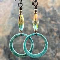 Bronze Hoop Earrings, Verdigris Patina, Czech Glass Beads, Hypoallergenic, Earthy Boho Jewelry, Aqua Turquoise Blue, Handmade Art Jewelry