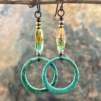 Bronze Hoop Earrings, Verdigris Patina, Czech Glass Beads, Hypoallergenic, Earthy Boho Jewelry, Aqua Turquoise Blue, Handmade Art Jewelry