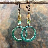 Bronze Hoop Earrings, Verdigris Patina, Czech Glass Beads, Hypoallergenic, Earthy Boho Jewelry, Aqua Turquoise Blue, Handmade Art Jewelry