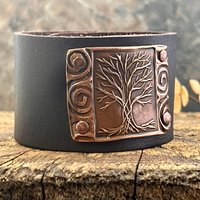 Tree of Life, Copper & Leather Cuff Bracelet, Unisex Jewelry, Hand Carved, Brown Leather Adjustable Cuff, Size 6.75-8, Earthy Rustic Jewelry
