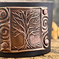 Tree of Life, Copper & Leather Cuff Bracelet, Unisex Jewelry, Hand Carved, Brown Leather Adjustable Cuff, Size 6.75-8, Earthy Rustic Jewelry