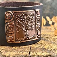 Tree of Life, Copper & Leather Cuff Bracelet, Unisex Jewelry, Hand Carved, Brown Leather Adjustable Cuff, Size 6.75-8, Earthy Rustic Jewelry