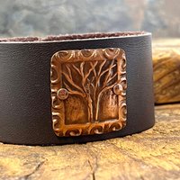 Tree of Life, Copper & Leather Cuff Bracelet, Unisex Jewelry, Hand Carved, Brown Leather Adjustable Cuff, Size 6.75-8, Earthy Rustic Jewelry