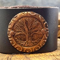 Tree of Life, Copper & Leather Cuff Bracelet, Unisex Jewelry, Hand Carved, Brown Leather Adjustable Cuff, Size 6.75-8, Earthy Rustic Jewelry