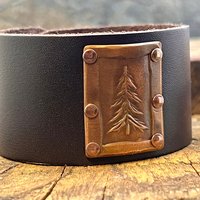 Pine Tree Evergreen, Copper & Leather Cuff Bracelet, Tree of Life, Hand Carved, Brown Leather Adjustable Cuff, Size 6.75-8, Earthy Rustic