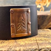 Pine Tree Evergreen, Copper & Leather Cuff Bracelet, Tree of Life, Hand Carved, Brown Leather Adjustable Cuff, Size 6.75-8, Earthy Rustic